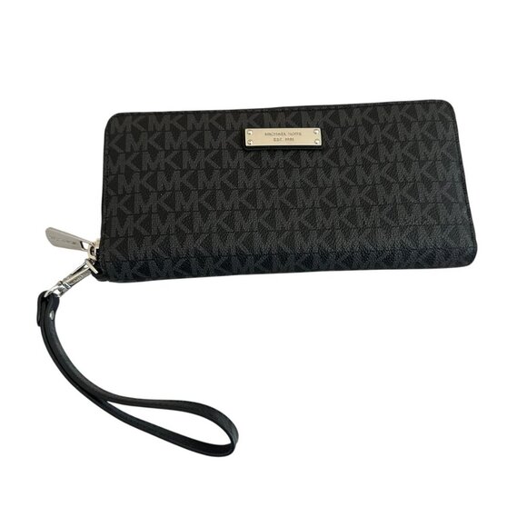 Michael Kors Jet Set Continental Wallet Signature Black Grey Handle Zip Leather - Picture 3 of 11